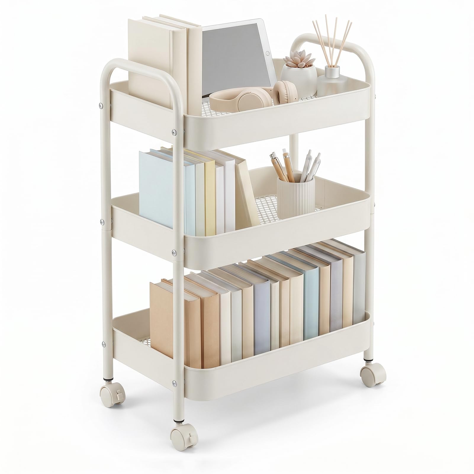 3-Tier Carbon Steel Rolling Cart for Dorm - White Utility Cart College Essentials with 360° Swivel Lockable Wheels, Book Cart Self Organizer for Girls Bedside Snack Storage