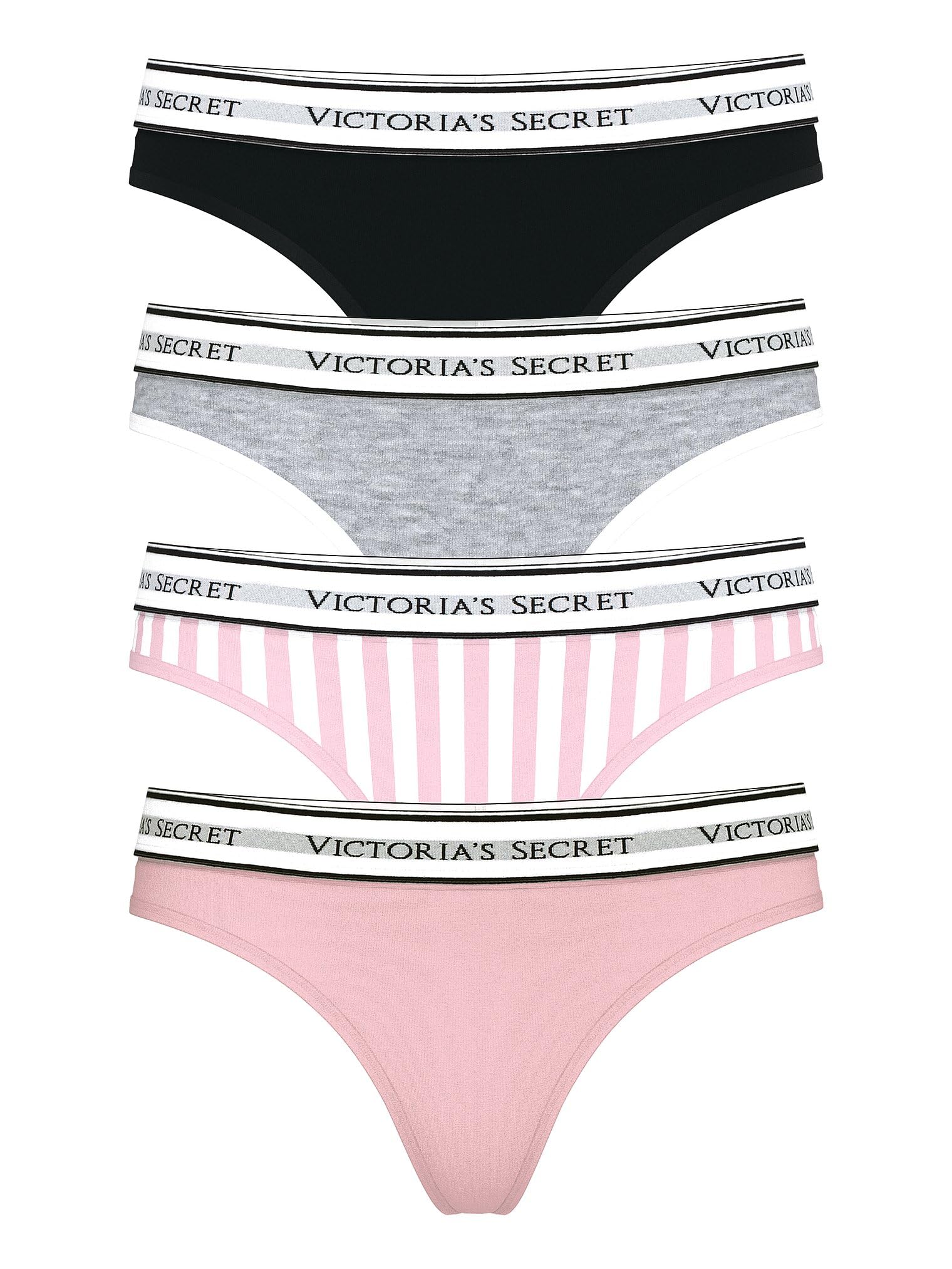 Victoria's Secret Women's Cotton Logo Thong Underwear, Panties for Women, Pack of 4, Solids & Iconic Stripe, S