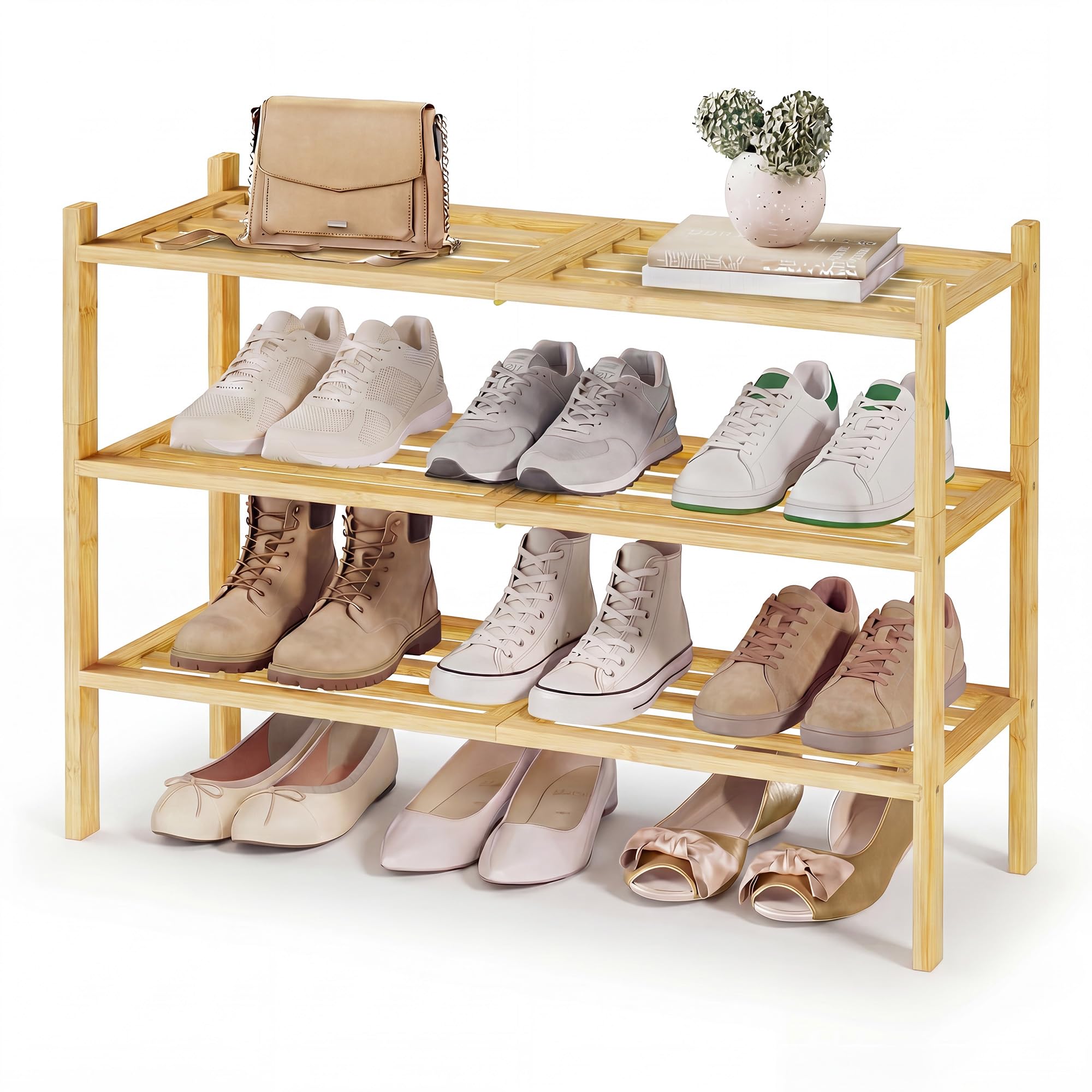 SONGMICS Bamboo Shoe Rack for Closet, Stackable Shoe Oragnizer with Modular Structure, Space-Saving Free Standing Shelf for Entryway Bedroom, 3-Tier, Holds 12-16 Pairs, Natural Color ULBS053YL01 - Image 1