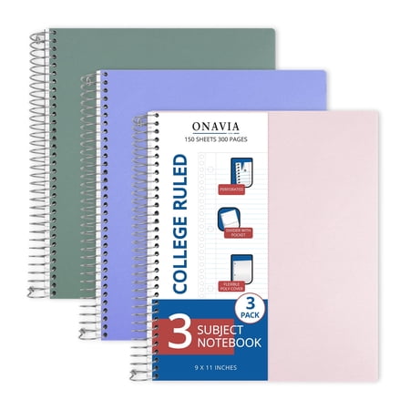 ONAVIA 3 Subject Notebook, College Ruled Spiral Notebook with 3 Divider Pockets, 3 Pack, 9" x 11", Poly Cover, 3 Hole Punched for College & Work, 150 Sheets, Assorted Colors