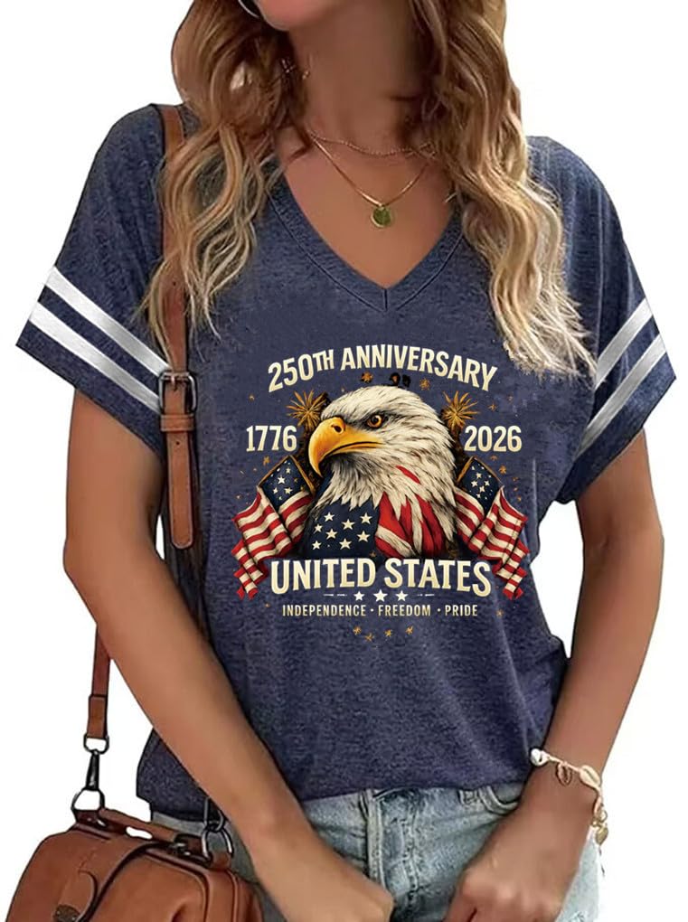 250th Anniversary USA Shirt for Women 4th of July V-Neck Short Sleeve Patriotic T-Shirt Memorial Day Graphic Tee Independence Day Tops(Navy-3,M) - Image 1