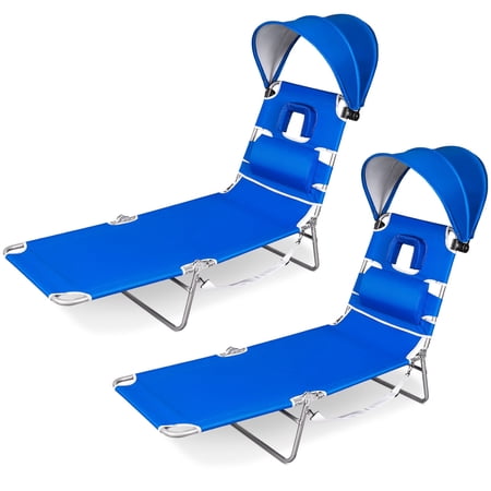 SUNSPIRE 2 Pack Folding Beach Lounge Chair with Canopy Pillow Side Pocket, Portable Reclining Sun Lounger for Beach Pool Patio Blue