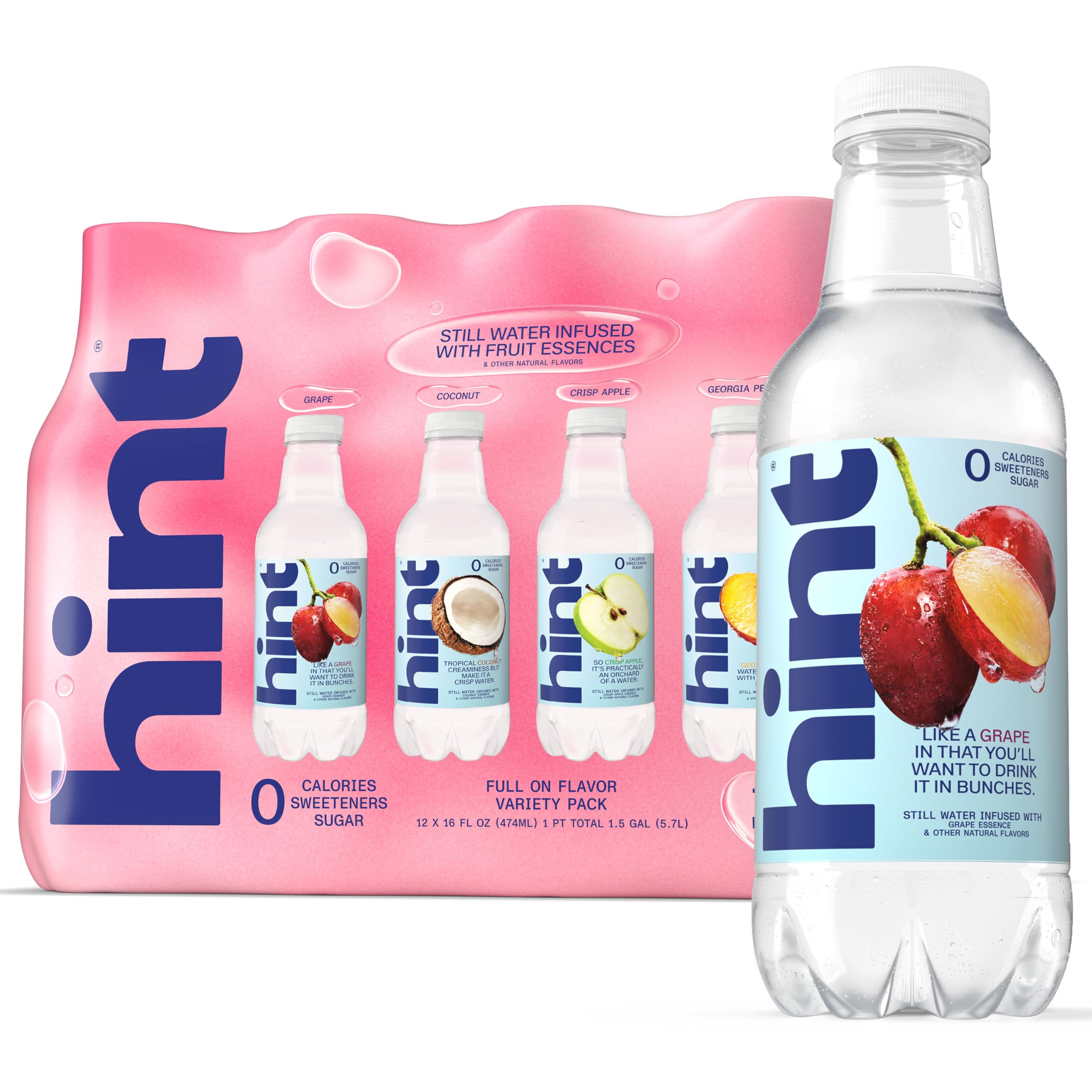 Hint Fruit-Infused Bottled Water, 4-Flavor Full On Flavor Variety Pack - Sugar Free Flavored Water with Zero Calories, Natural Fruit Essences, and No Artificial Sweeteners - 16 Fl Oz (Pack of 12)
