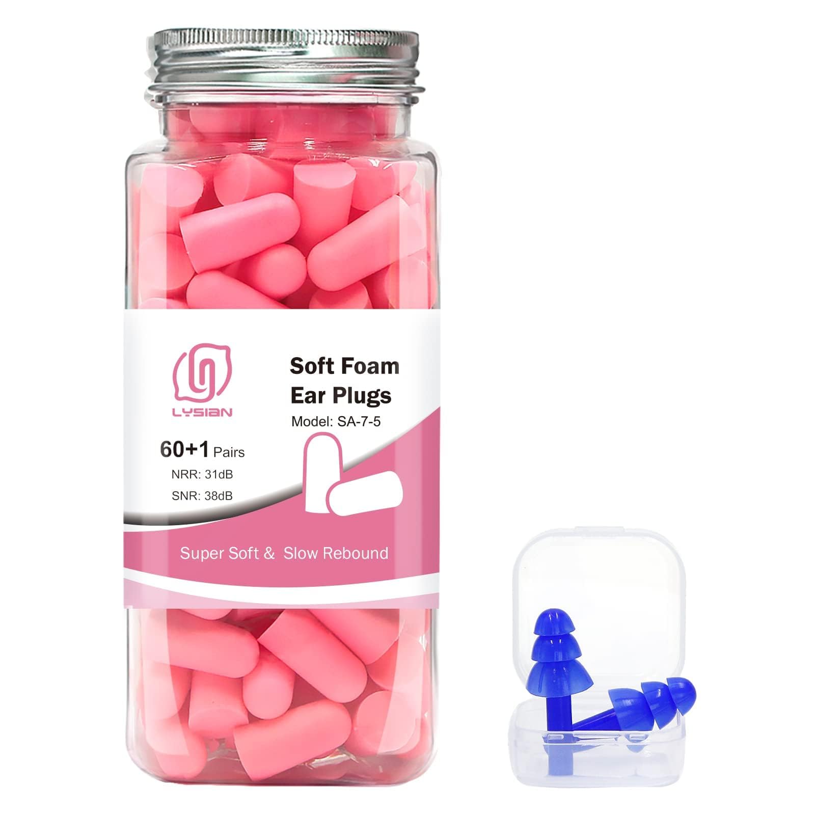 LYSIAN Soft Foam Ear Plugs for Sleeping and Snoring, 38dB SNR Noise Reduction Earplugs, 60 Pairs Disposable Earplugs for Women, Travel, Study and Loud Noise, Pink